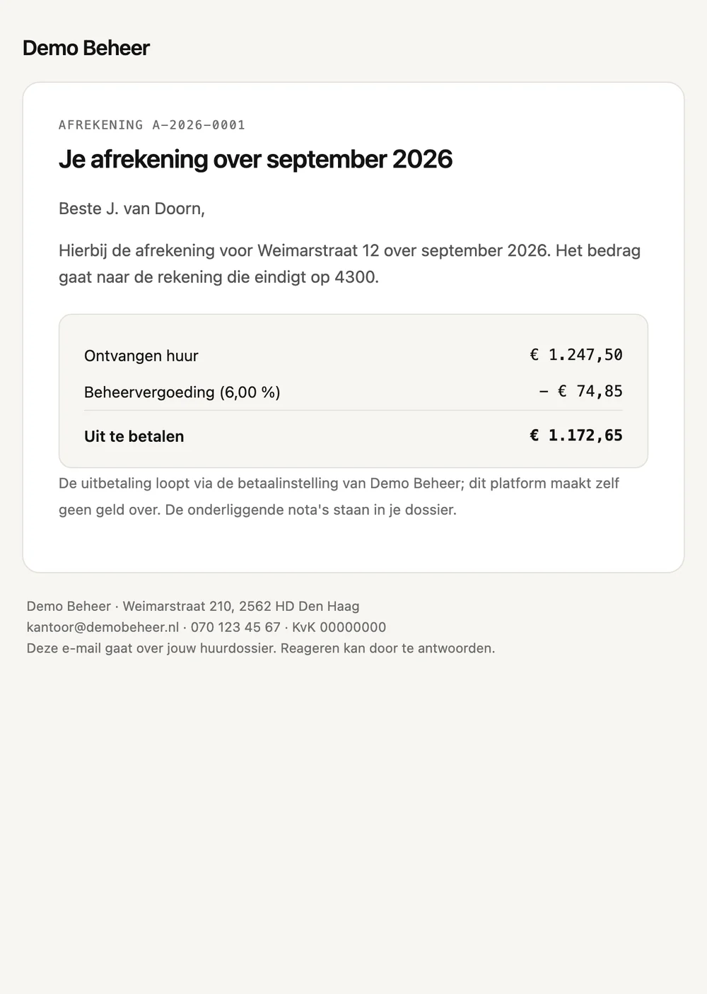 De e-mail 'Eigenaarsafrekening' zoals hij bij de ontvanger aankomt, met onderwerp Je afrekening A-2026-0001 over september 2026.