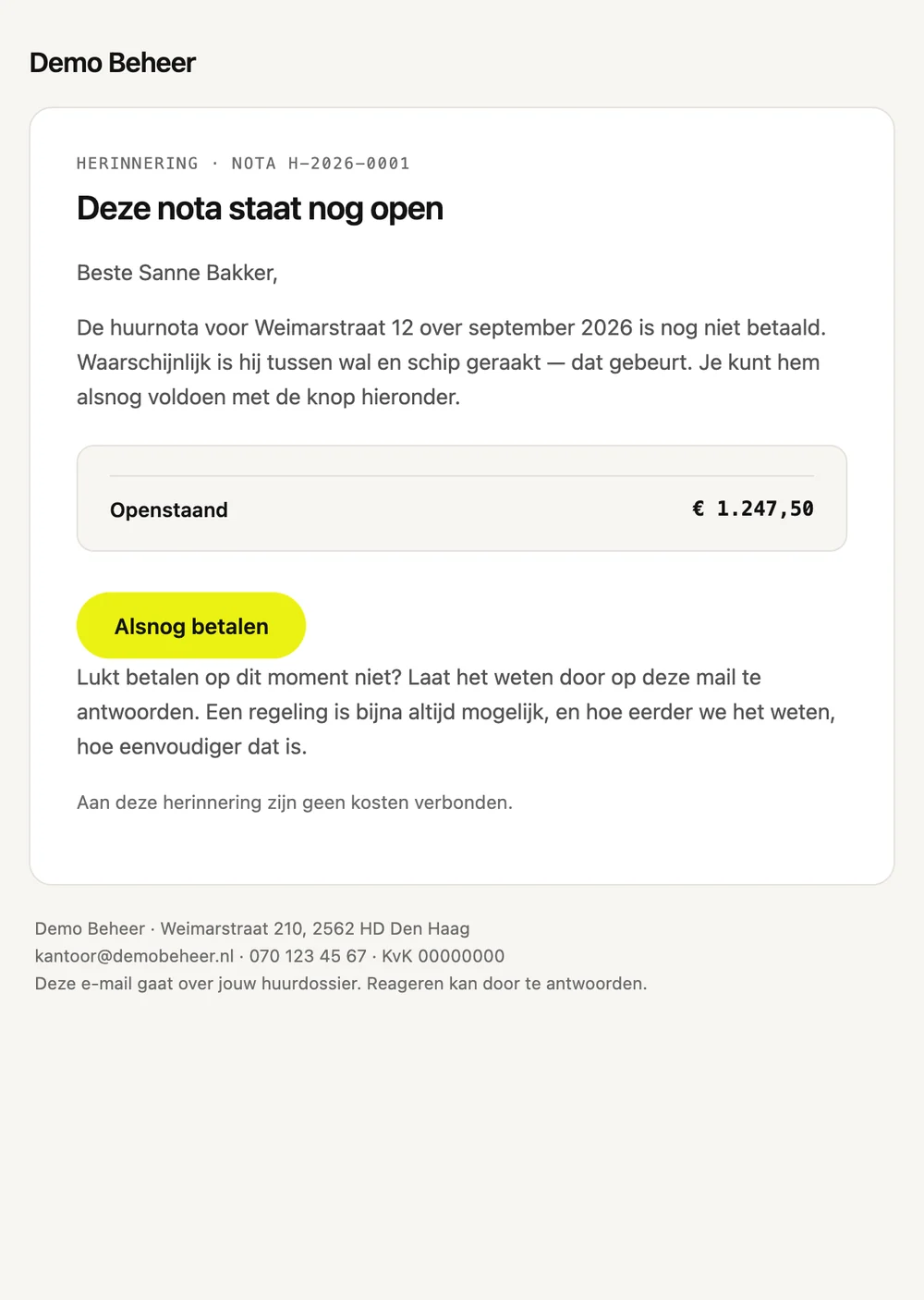 De e-mail 'Herinnering' zoals hij bij de ontvanger aankomt, met onderwerp Herinnering: huurnota H-2026-0001 staat nog open.