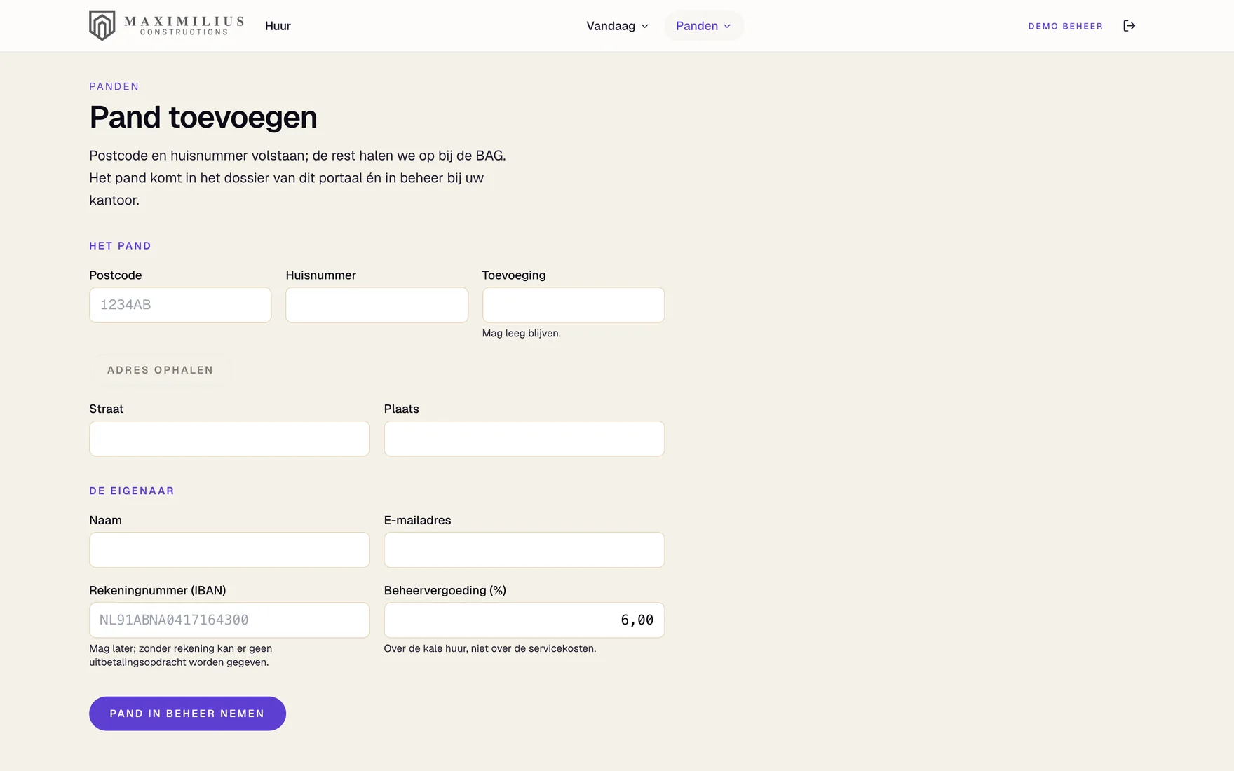 Formulier om een pand toe te voegen: postcode en huisnummer, adres uit de Kadaster BAG, en de gegevens van de eigenaar.